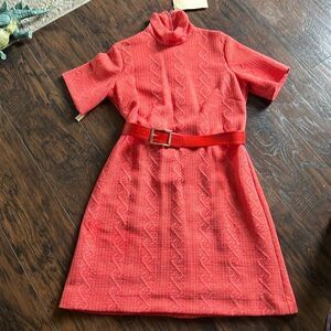 VTG New 60s Toni Todd Salmon Pink Dress Belt turtle neck Collar modern size 12